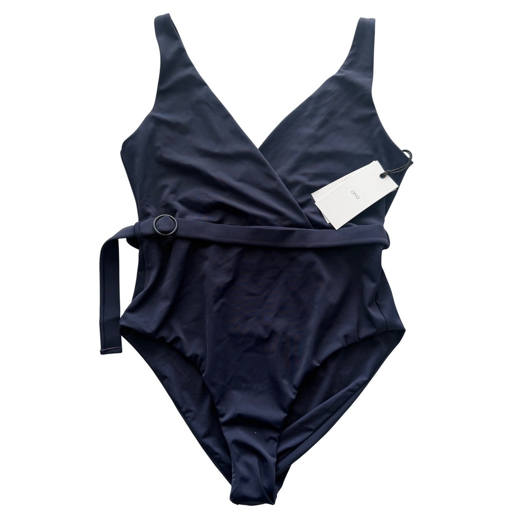 Onia Michelle One Piece Swimsuit Deep Navy Blue Belted Surplice V-Neck Small NEW